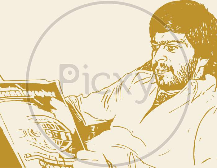 Sketch Of Legend Kannada Actor Outline Editable Illustration Of Shankar Nag Reading Book.