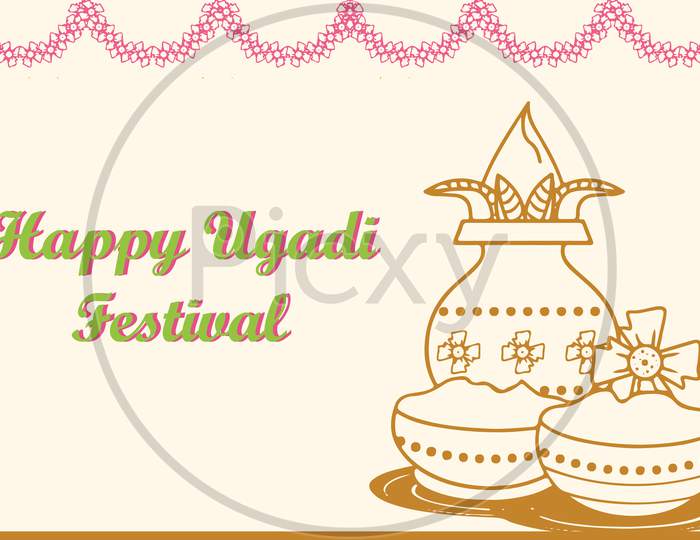 Drawing Of Happy Ugadi. Hindu Indian Festival Ugadi Or Gudi Padwa Wishes Vector Illustration