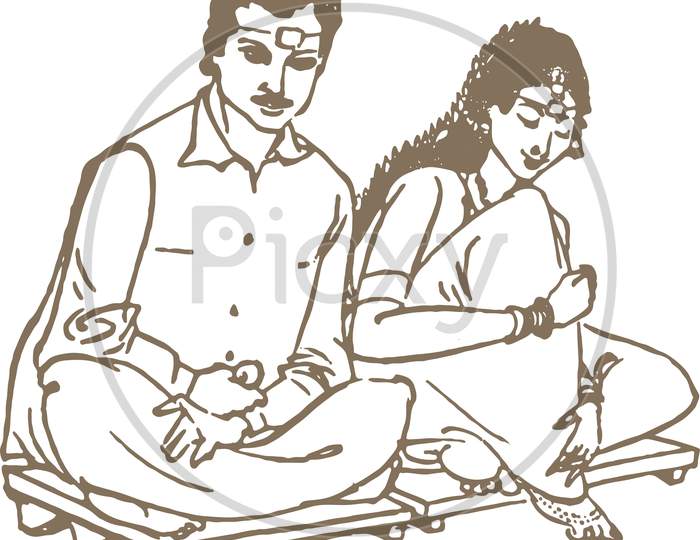 Drawing Of Outline Vector Illustration Of Hindu Marriage Ritual. Bride And Groom Sitting Together In A Marriage