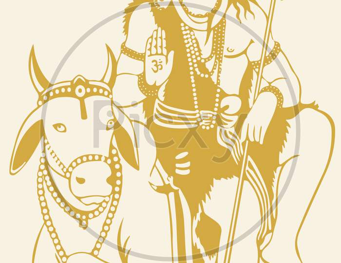 Drawing Or Sketch Of Lord Shiva Sitting Above Nandi. Vector Illustratio Of Shiv With Nandi