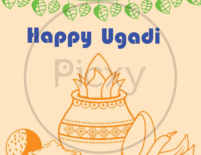 Drawing Of Happy Ugadi. Hindu Indian Festival Ugadi Or Gudi Padwa Wishes Vector Illustration