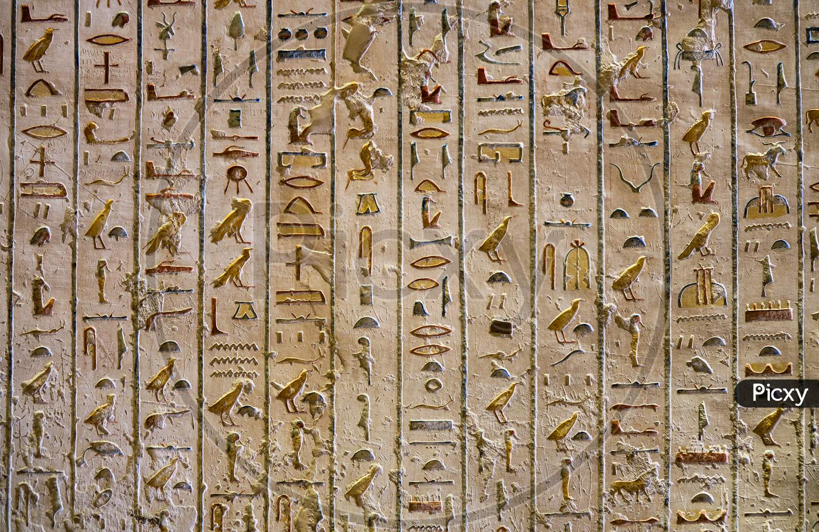 Ancient Paintings And Egyptian Hieroglyphs At The Pharaoh Tomb In The Valley Of The Kings In Luxor, Egypt