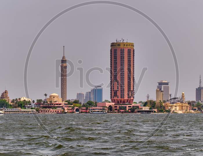 River Nile And Cairo Skyline Dominated By Cairo Tower On Gezira Island In The River Nile, Central Cairo, Egypt