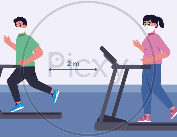 Social distance in New normal Concept, People men and women Exercising and have a medical face mask at Fitness Gym. prevent pandemic of corona virus
