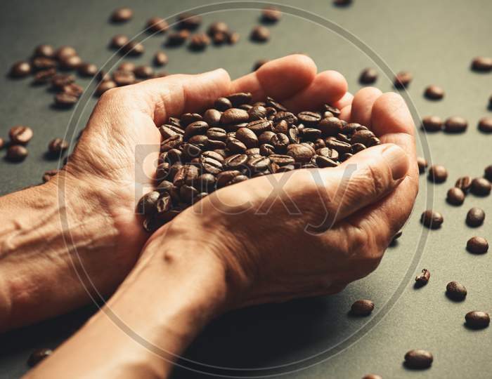 Old Hands Holding A Lot Of Coffee Grains Over A Dark Background