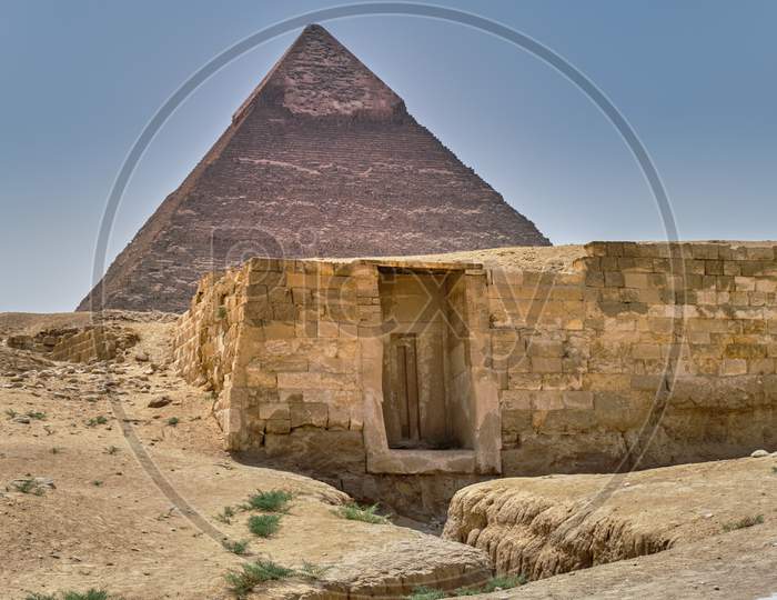 Ancient Tomb And The Pyramid Of Khafre (Pyramid Of Chephren) In Cairo, Egypt