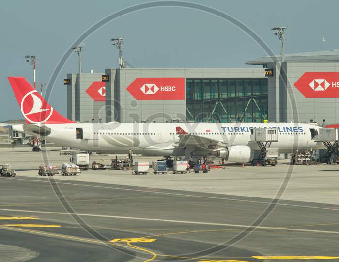 Turkish Airlines Plane Docked To The Gate At New Istanbul Airport Istanbul Havalimani In Turkey