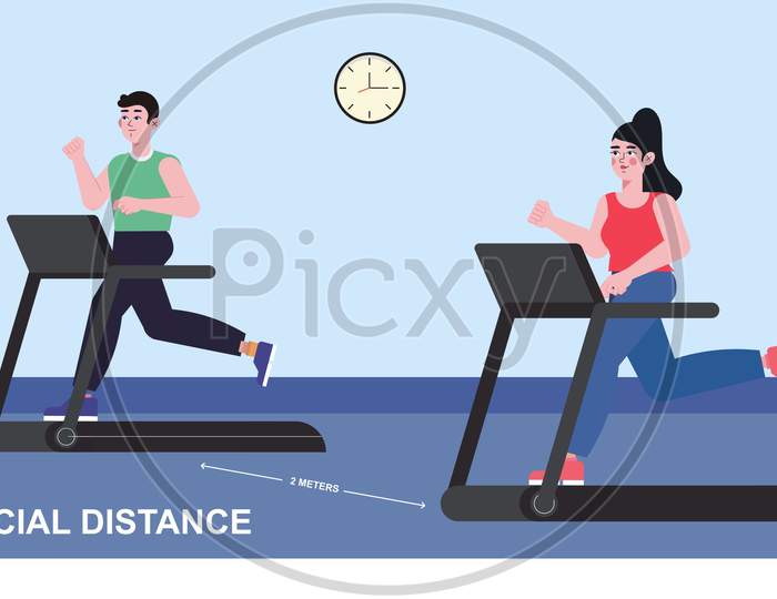 New normal concept and physical distancing people running in fitness and keep social distance to prevent from disease outbreak. New normal after COVID-19 pandemic concept