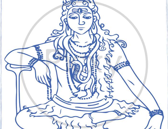 Drawing Or Sketch Of Lord Shiva Outline Vector Illustration. Design Element Of Shiv Text Mahadev, Trishul And Three Tilak