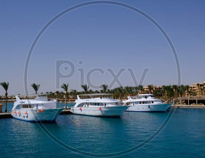 Yachts And Tourist Boats In The Hurghada Marina In Hurghada, Popular Beach Resort Town Along Red Sea Coast Of Egypt