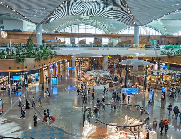 Duty Free Shops And Food Court At New Istanbul Airport’S International Departures Terminal, Istanbul Havalimani In Turkey