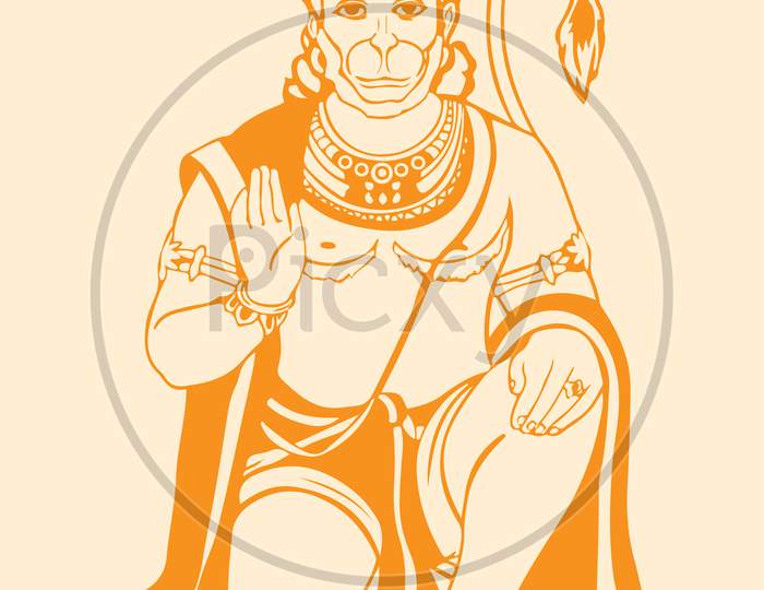 Lord Hanuman Sitting Pose Wall Or Vehicle Sticker Editable Vector Illustration.Drawing Or Sketch Of Bhajarangi