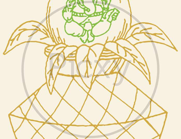 Drawing Of A Traditional Metal With Decoration With Coconut And Mango Leaves With Lord Ganesha Outline