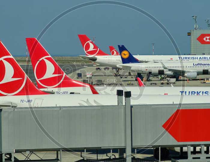 Planes Docked To The Gates At New Istanbul Airport Istanbul Havalimani In Turkey