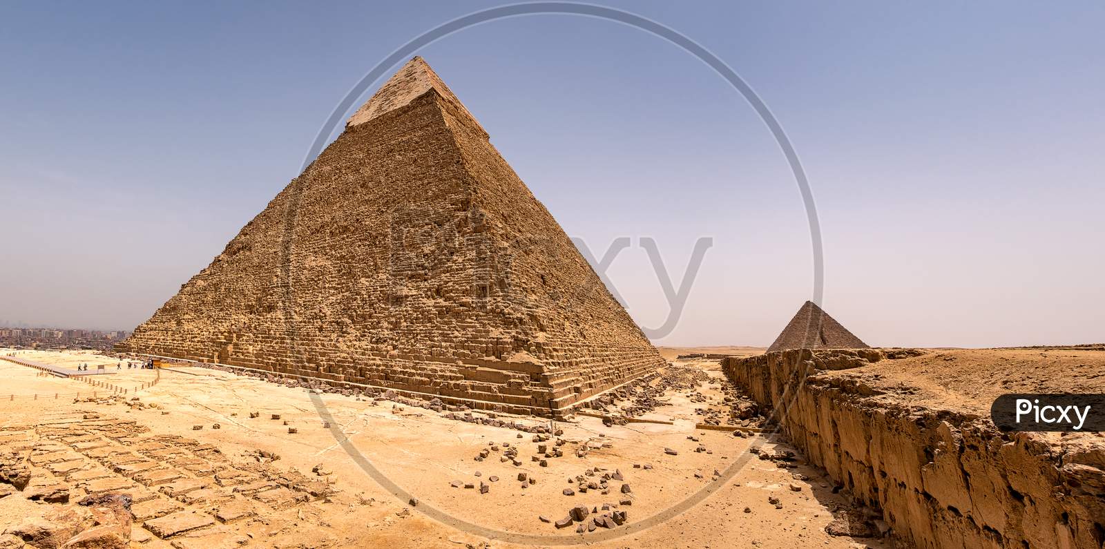 Panoramic View Of The Giza Plateau In Cairo, Egypt With The Pyramid Of Khafre (Pyramid Of Chephren) And The Pyramid Of Menkaure