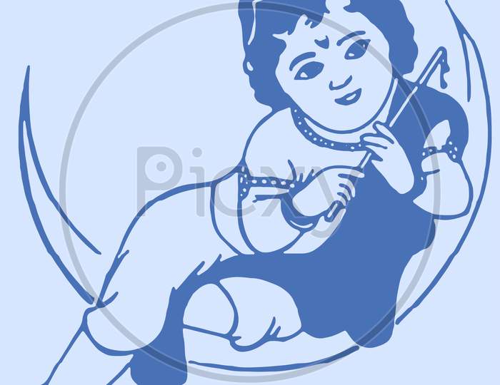 Drawing Or Sketch Of Little Krishna Sitting Above The Moon. Bal Krishna On The Moon With Flute