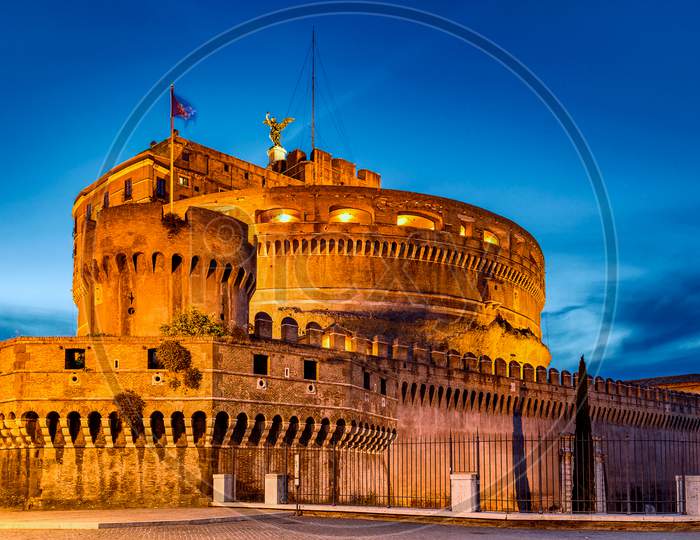 Mausoleum Of Hadrian, Castel Sant Angelo In Rome During An Evening Blue Hour