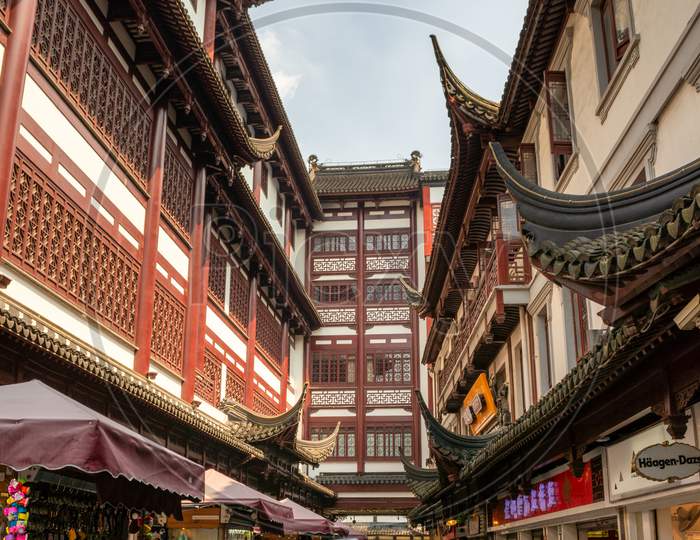 Street Markets And Tourist Shops At The Old City God Temple Commercial Area In The Old Part Of Shanghai, China