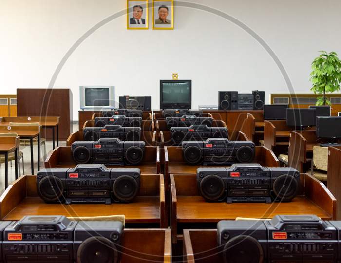 Old Cassette Players In A Classroom At The Grand People'S Study House In Pyongyang, North Korea