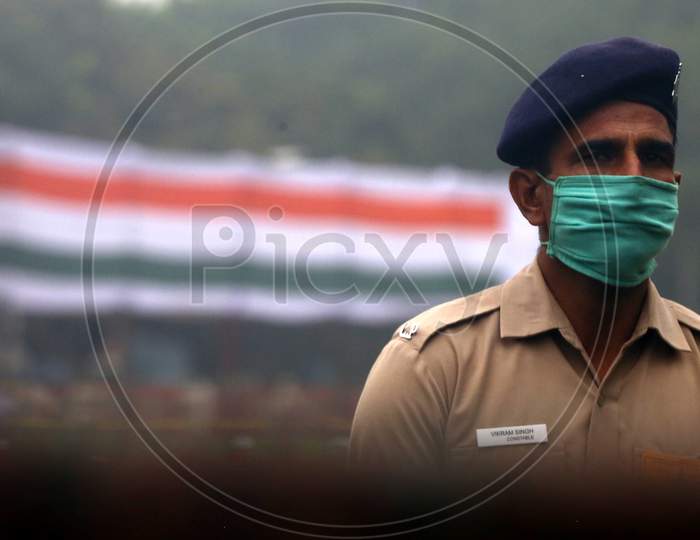 A Policeman stands guard during  full dress rehearsal ahead of India's 74th  Independence day in Chandigarh August 13, 2020