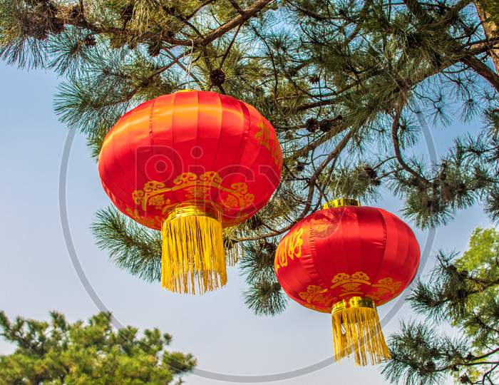 Red Lanterns Hanging In Beijing, China, Celebration Of Lunar New Year