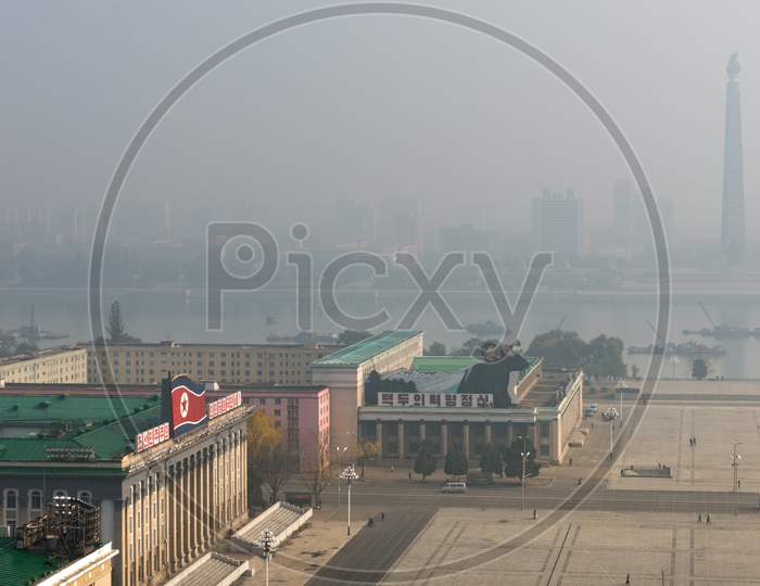 Kim Il-Sung Square And Juche Tower In Pyongyang, North Korea