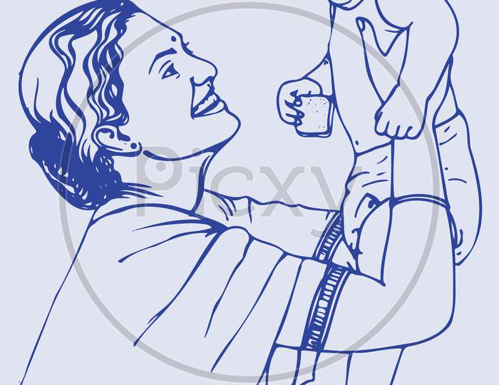 Drawing Of Mother Holding Or Lifting A Kid Outline Editable Illustration