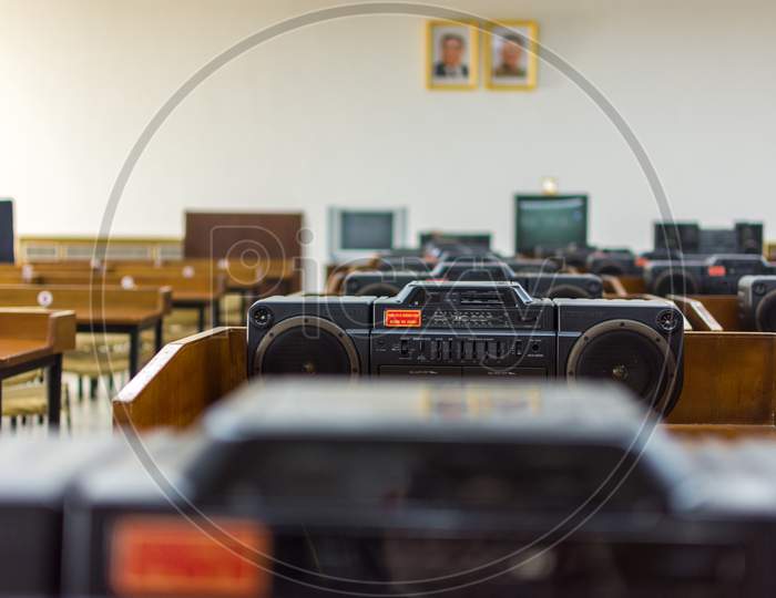 Old Cassette Players In A Classroom At The Grand People'S Study House In Pyongyang, North Korea