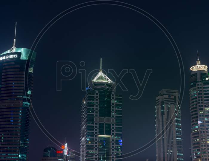 Night View Of Shanghai Skyscrapers In Pudong New Area In Shanghai, China
