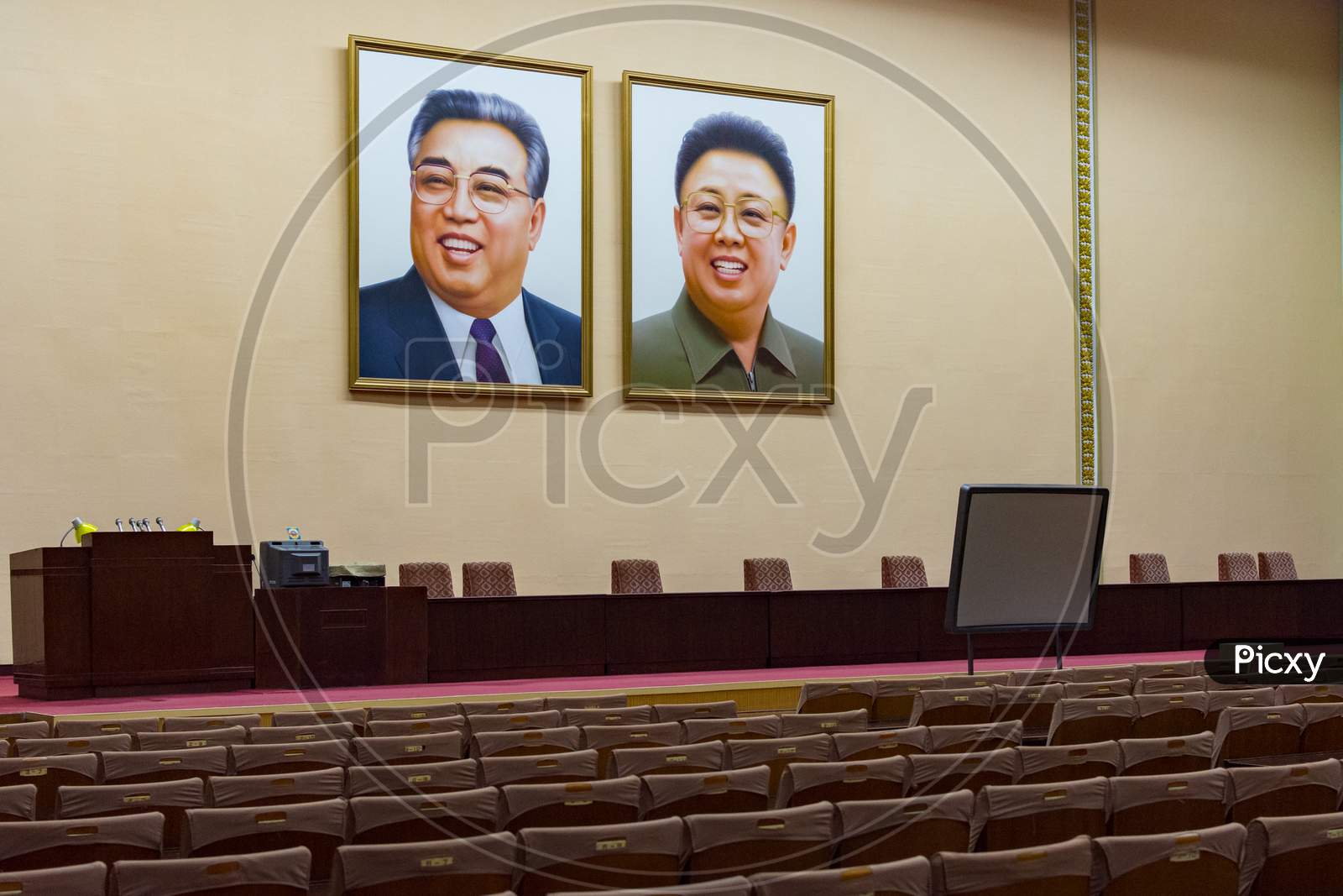 Portraits Of Kim Il Sung And Kim Jong Il At Grand People'S Study House In Pyongyang, North Korea