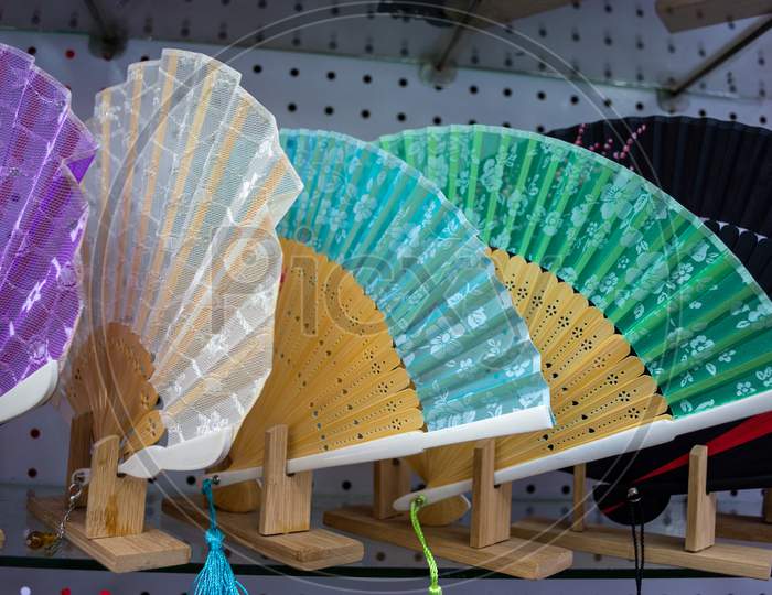 Traditional Chinese Silk And Bamboo Folding Hand Fans, Souvenirs From Beijing, China