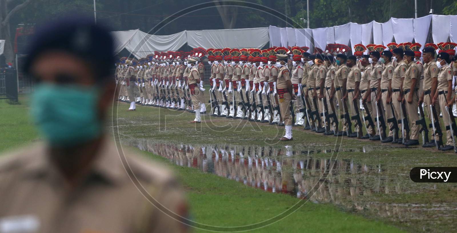 Policemen take part in  full dress rehearsal ahead of India's 74th  Independence day in Chandigarh August 13, 2020