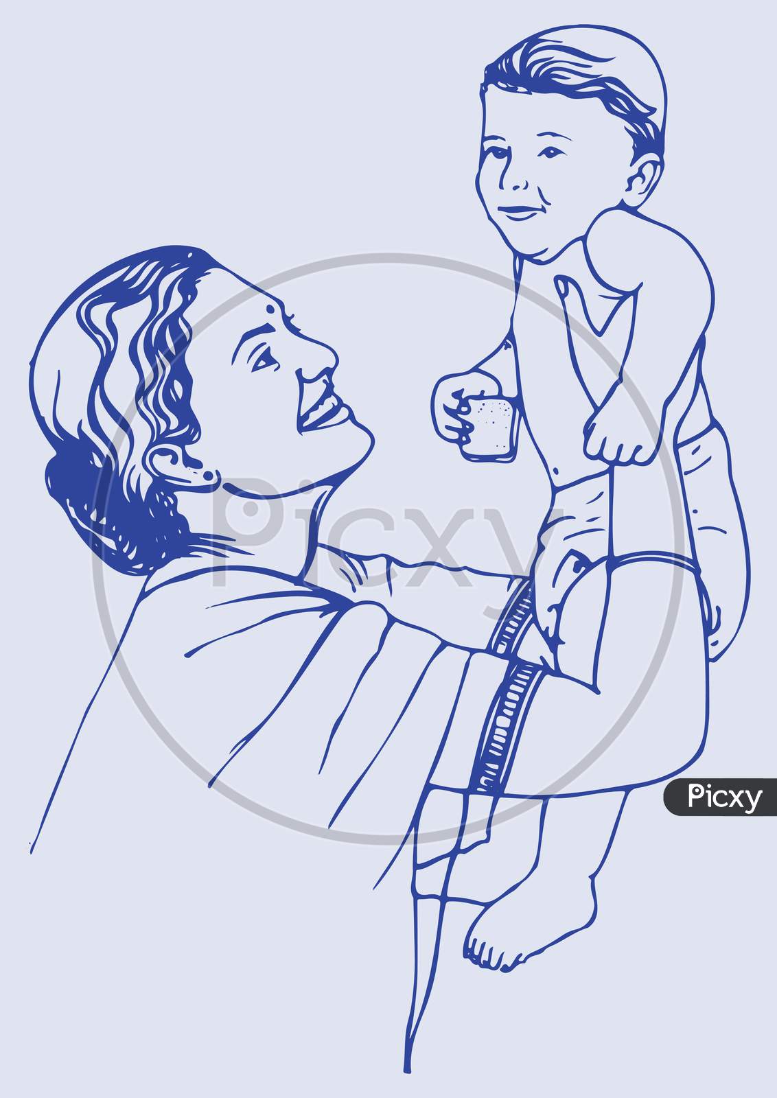 Drawing Of Mother Holding Or Lifting A Kid Outline Editable Illustration