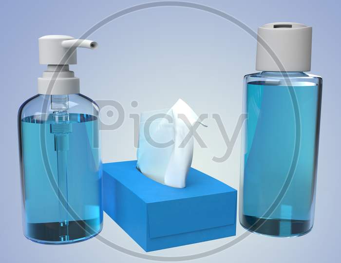Realistic Looking Hand Sanitizer Bottles With Antiseptic Alcohol Gel And Tissue Paper Box With Blank Mockups Isolated In Gradient Background, 3D Rendering
