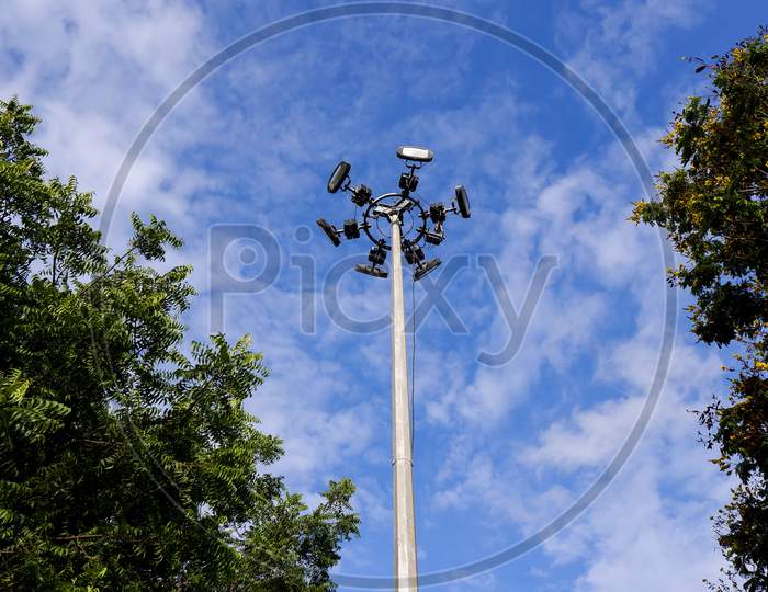 View Of Below High Mast Lighting Pole Isolated In Outdoor