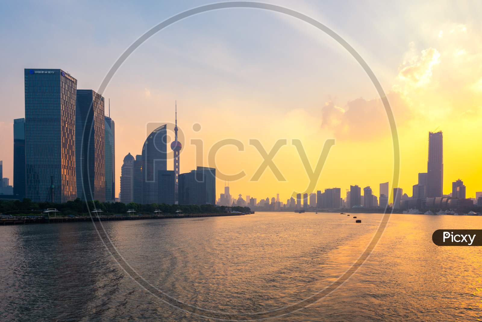 Iconic Lujiazui Skyline Of Shanghai And The Huangpu River At Sunset