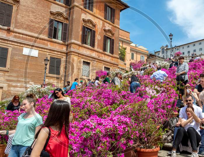 Tourists Visiting The Spanish Steps At The Piazza Di Spagna In Rome, Italy
