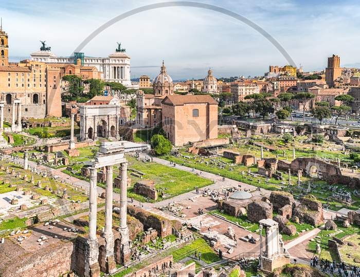 Ancient Monuments And Archaeological Remains Of The Roman Forum In Rome, Italy