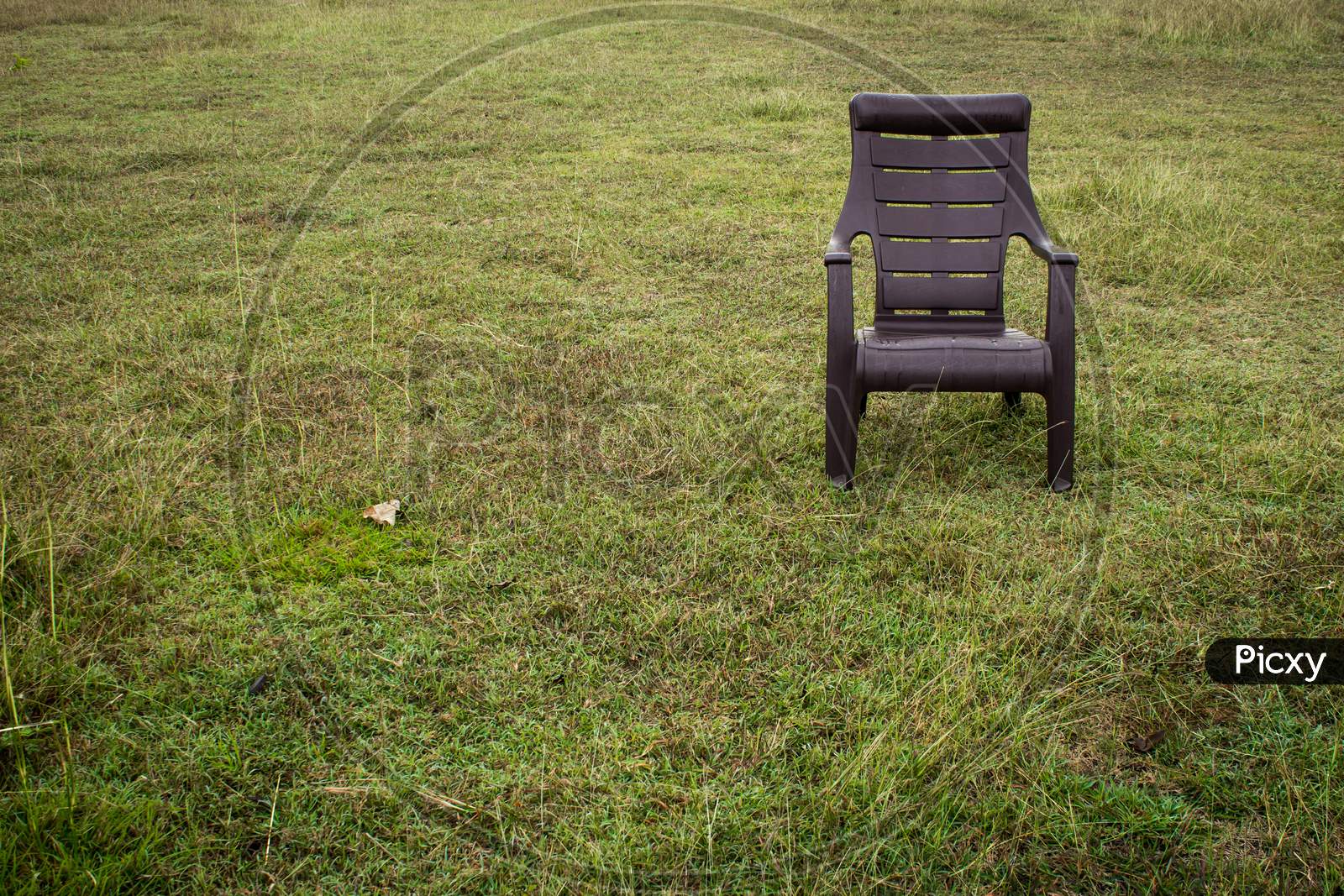 A Plastic Chair In A Green Grass Field. Empty Chair In A Park.