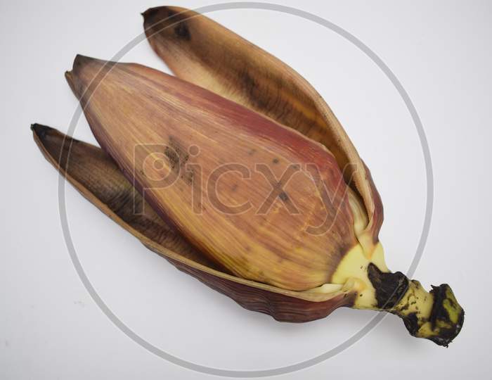 Raw Banana Flower Opened Leaves On White Background. Also Known As Banana Blossoms Eaten In Cuisine Cooked In South Asia