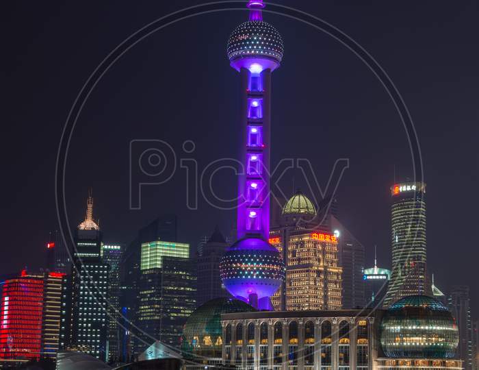 Night View Of Oriental Pearl Tower In Pudong New Area In Shanghai Across Huangpu River