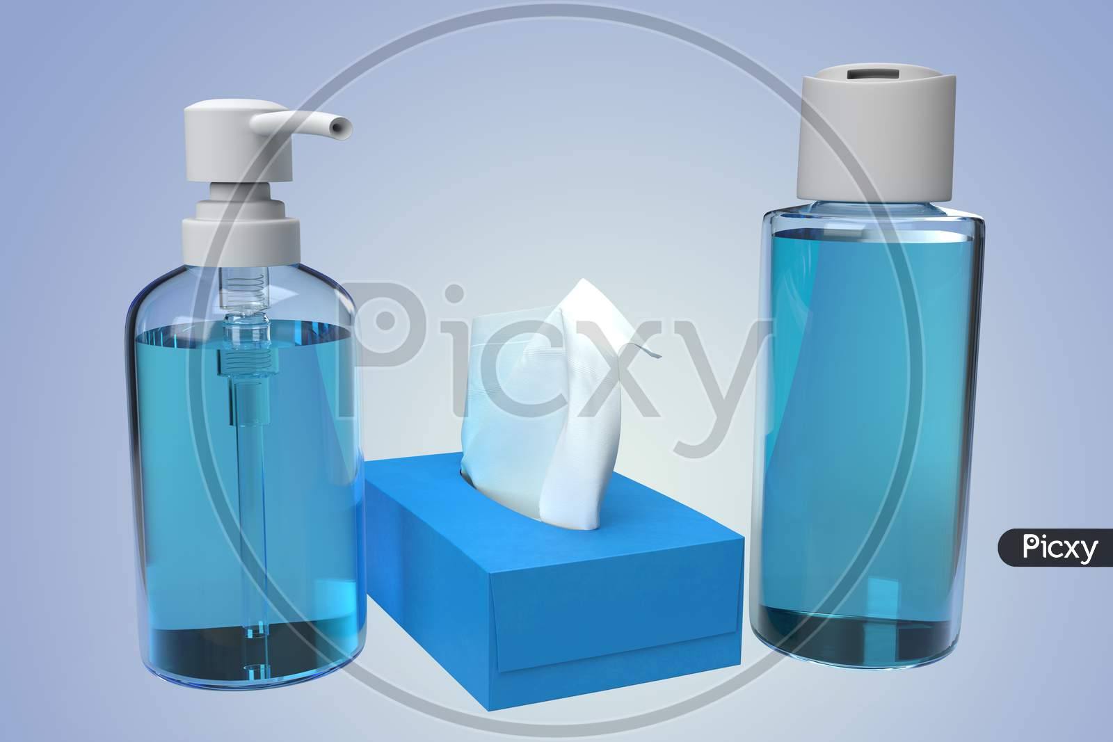 Realistic Looking Hand Sanitizer Bottles With Antiseptic Alcohol Gel And Tissue Paper Box With Blank Mockups Isolated In Gradient Background, 3D Rendering
