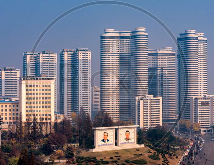 Modern Apartment And Office Buildings In Pyongyang, North Korea
