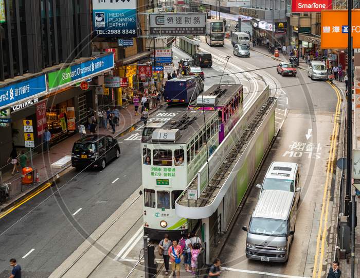 Iconic Hong Kong Double-Decker Tram In Downtown Hong Kong
