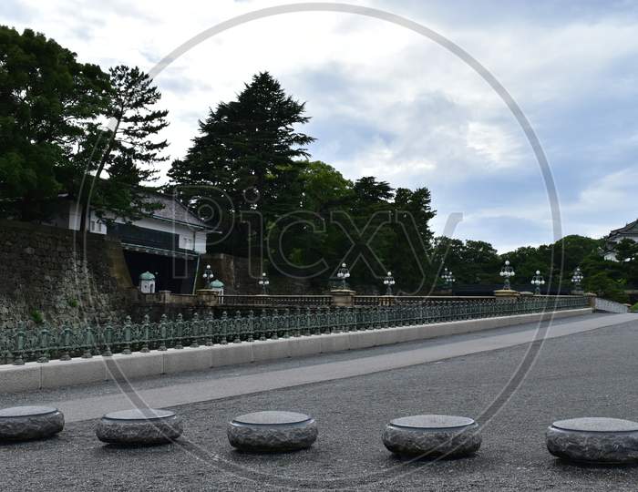 The peaceful quiet main gate to the Japanese emperor palace without tourists in 2020 June