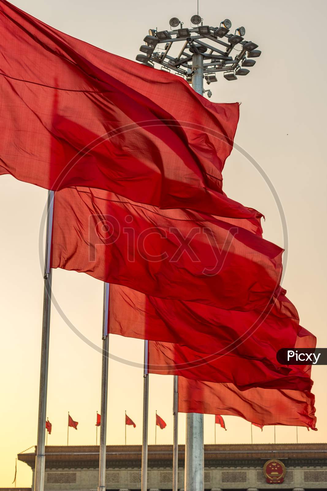 Red Banners Unfurled In The Wind At Tienanmen Square In Beijing, China