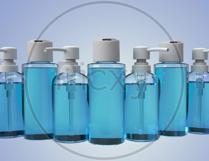 Realistic Looking Hand Sanitizer Bottles And Antiseptic Alcohol Gel With Blank Mockups Isolated In Gradient Background, 3D Rendering