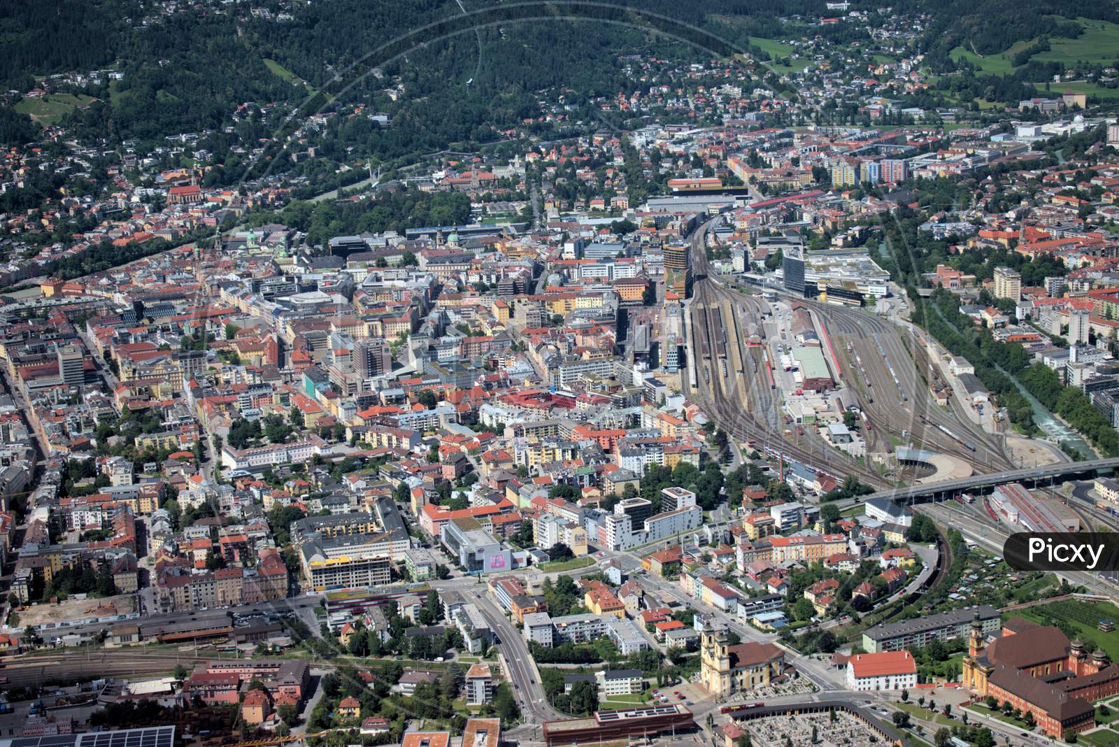Flight over the city of Innsbruck in Austria 5.7.2020
