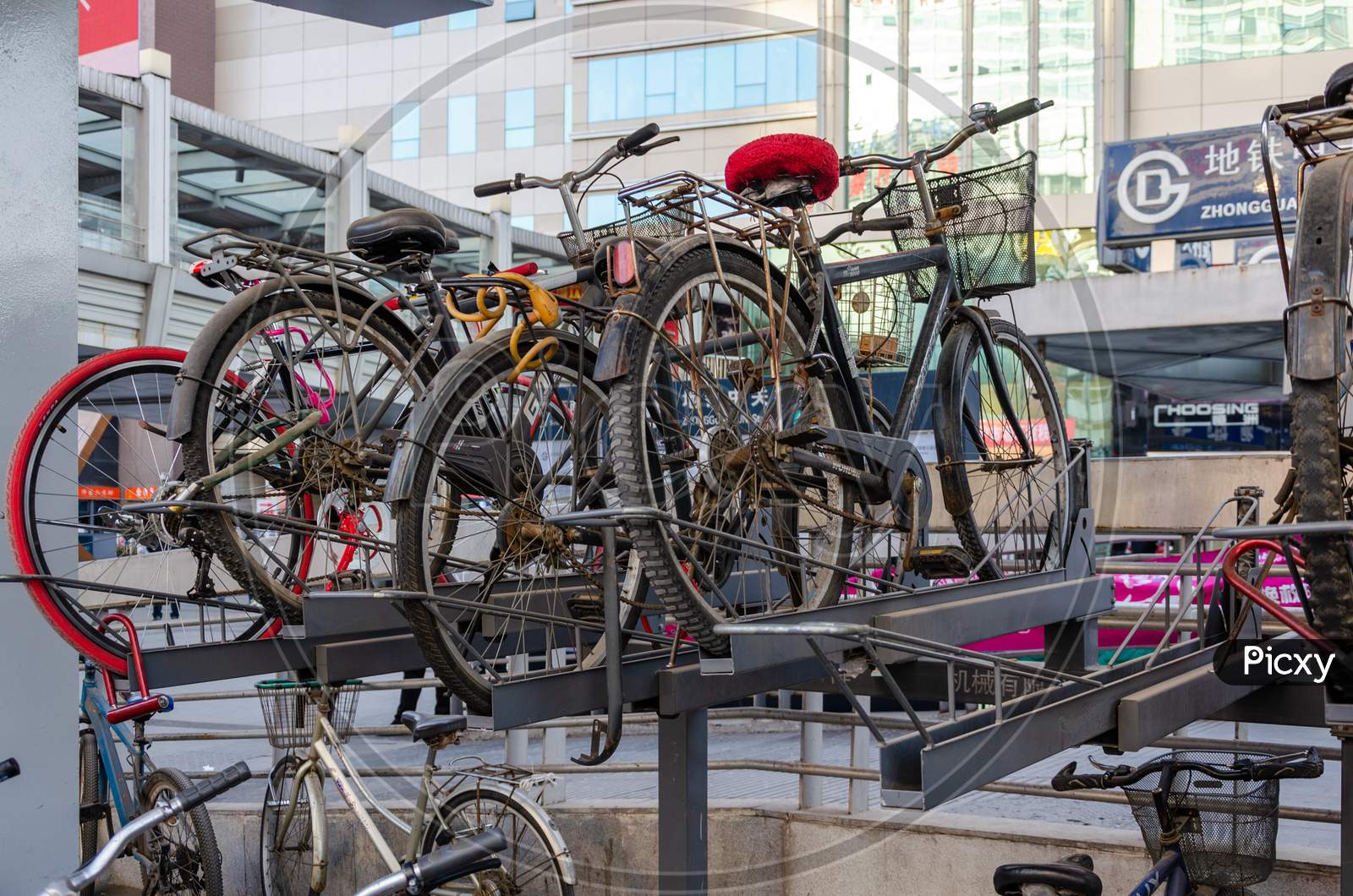 Bicycles Stacked At A Parking Lot Near Zhongguancun Station Of Beijing Subway