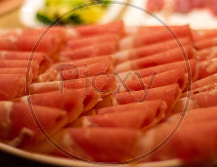 Thin Slices Of Beef Meat, Ready To Be Cooked In Hot Pot, Popular Chinese Dish